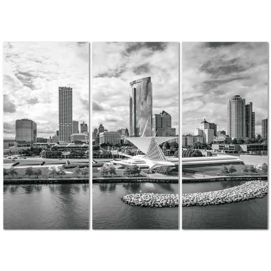 B&W Milwaukee Lakefront Skyline Giant 3-Panel Canvas